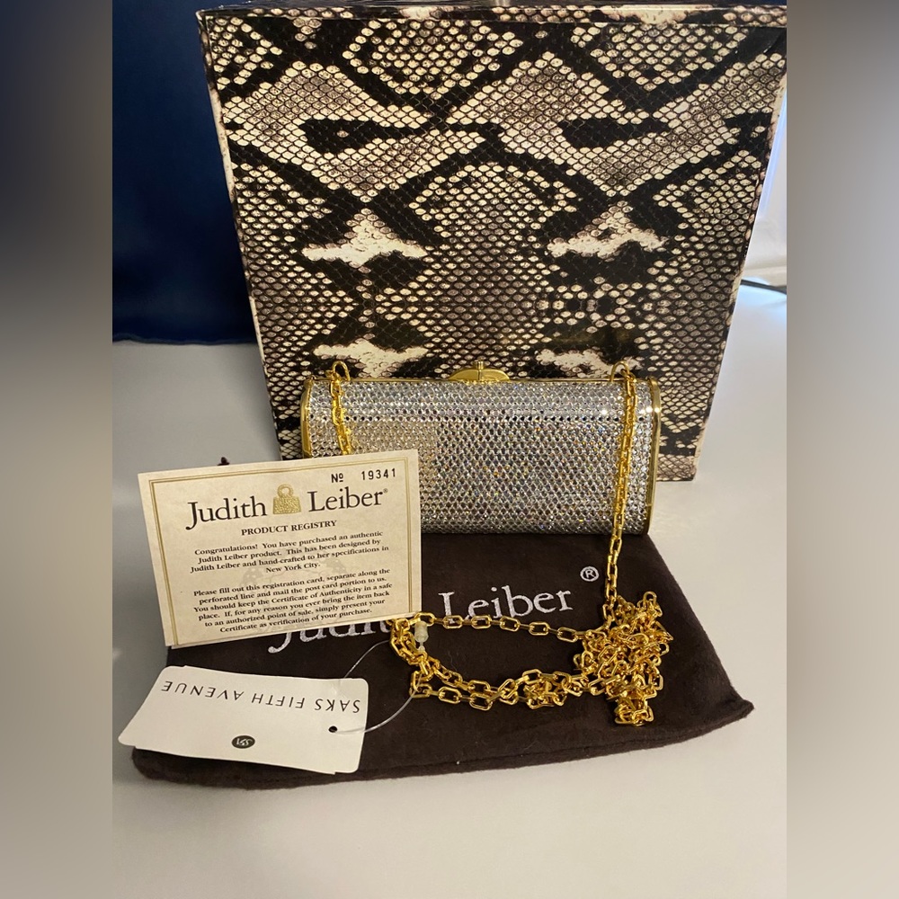 Judith Leiber Miniaudière Evening Purse Handbag Gold w Silver Rhinestones unworn